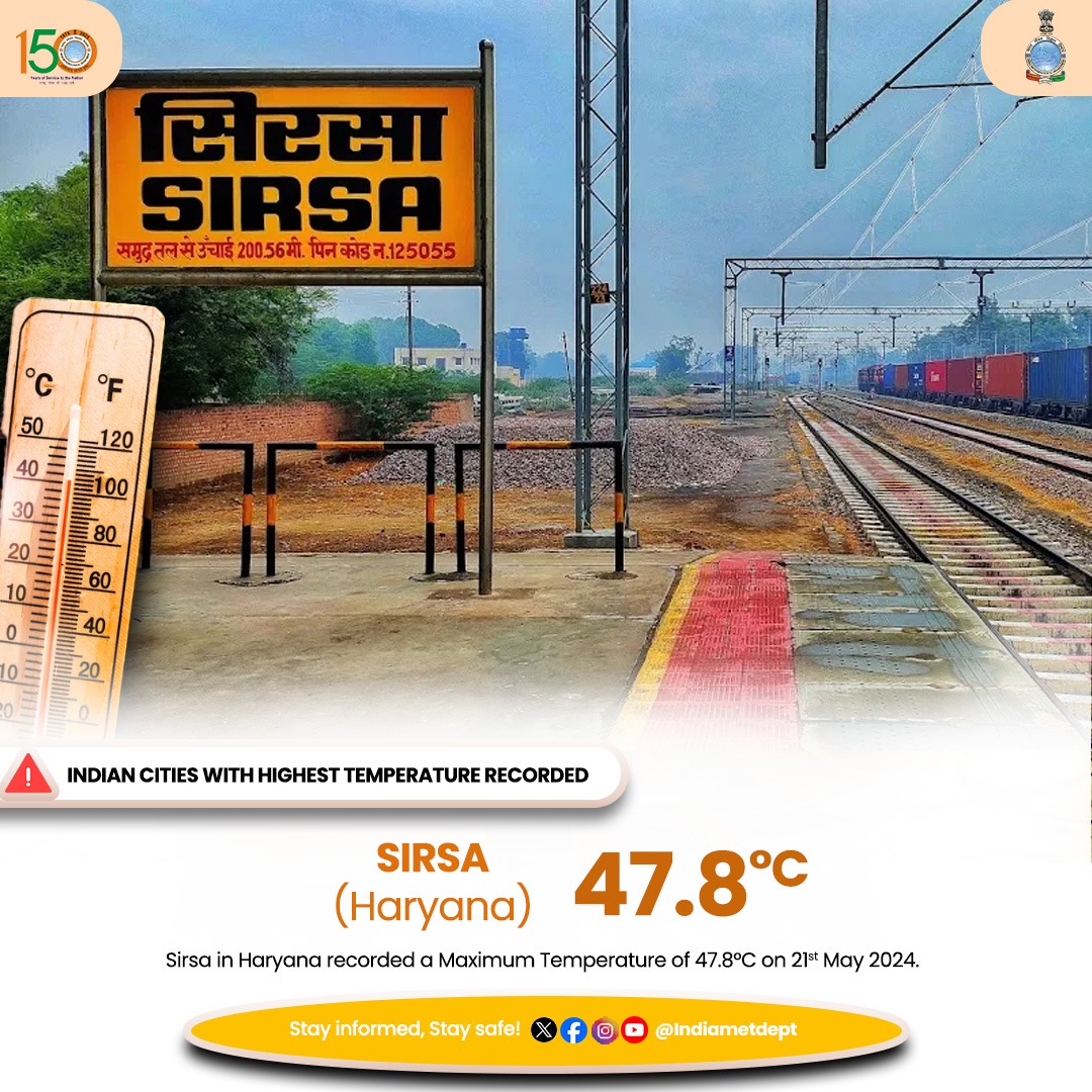Sirsa in Haryana recorded a Maximum Temperature of 47.8°C on 21st May 2024 #heatwave #heatwavealert #weatherupdate #sirsa #haryana #haryanaweather @moesgoi @DDNewslive @ndmaindia @airnewsalerts