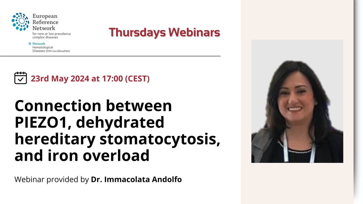 🚀​Are you ready for tomorrow's #ThursdayWebinar session on 'Connection between PIEZO1, dehydrated hereditary stomatocytosis, and iron overload'?

Provided by @ImmaAndolfo
📆​23 May - 17h
Register👉​​ ​bit.ly/3KbQDJX 

#ERNeu #ERNs #HealthUnion #EU4Health #ShareCareCure