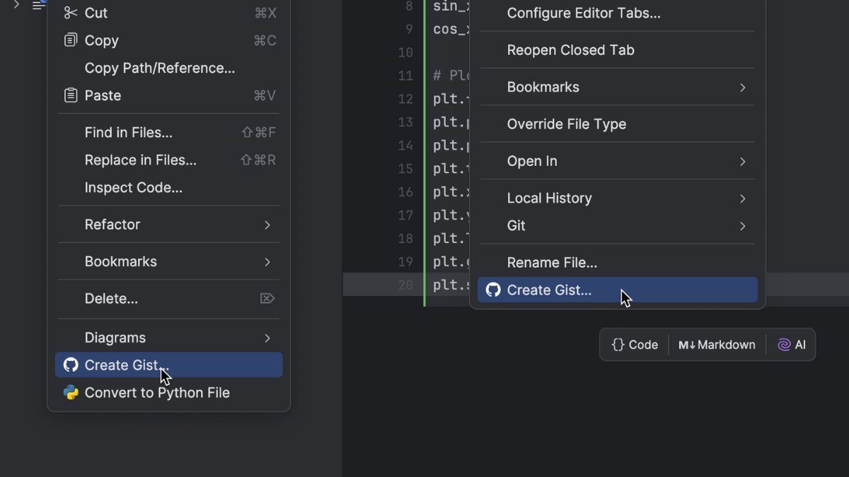 Share #Jupyter notebooks seamlessly and quickly now that PyCharm offers full support for GitHub gists! Create a gist for a single notebook or select several files in the Project tool window and create a Git repo with all of them at once. Read more: jb.gg/github-gists