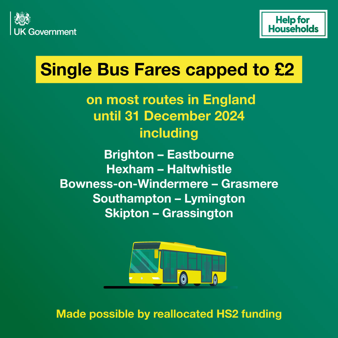 Unsure how to spend your #MayBankHoliday? #GetAroundForTwoPounds and visit some of England’s most scenic sights 👇 The £2 bus fare cap has been extended until the end of the year, made possible by reallocated HS2 funding. For more eligible routes: gov.uk/guidance/2-bus…