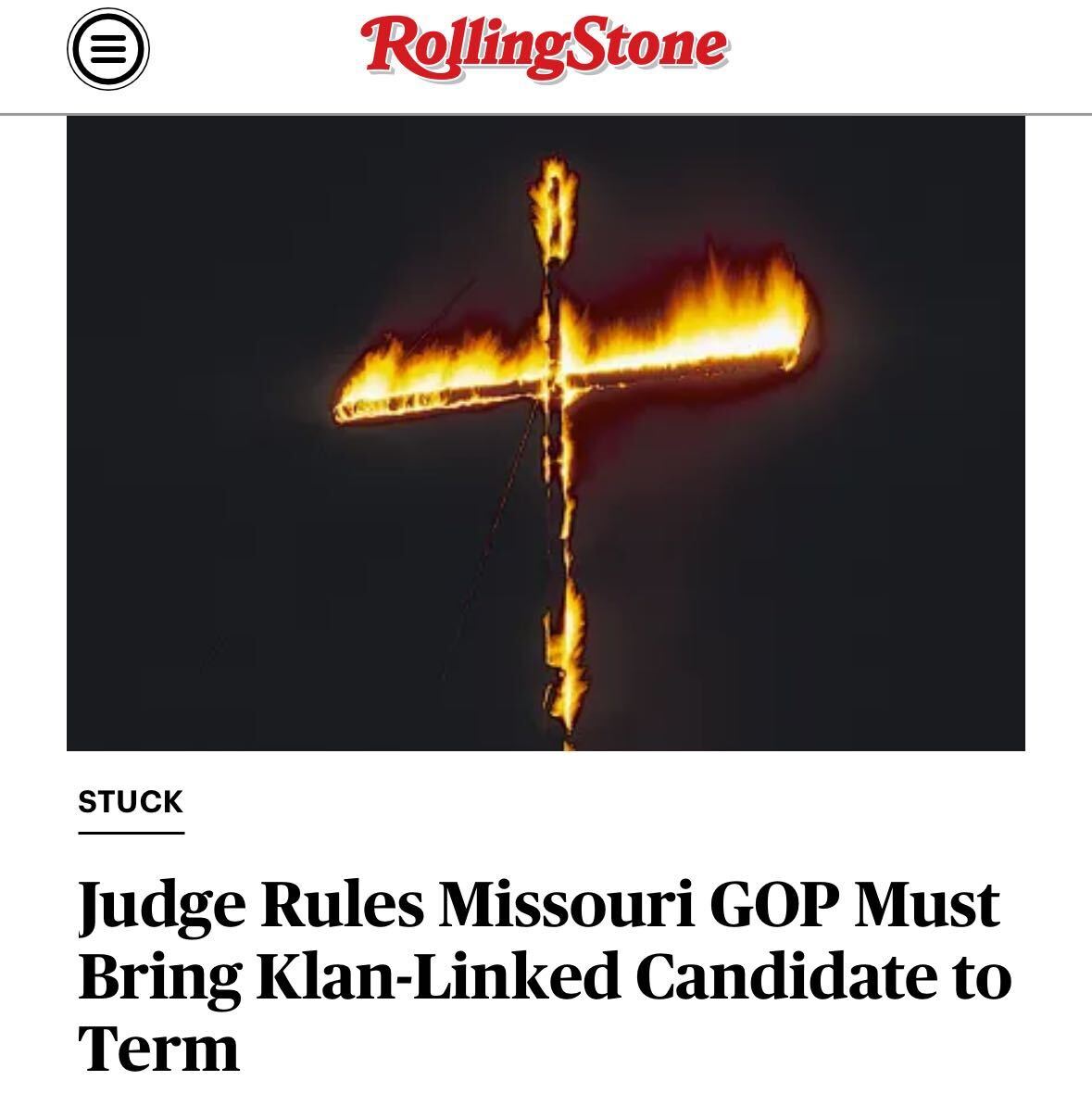 NEW: A “pro-White” candidate photographed giving a “Nazi salute” in front of a burning cross will appear on the Missouri GOP’s ballot for governor — after a judge torched the party’s effort to block him from the ballot. Story: rollingstone.com/politics/polit…