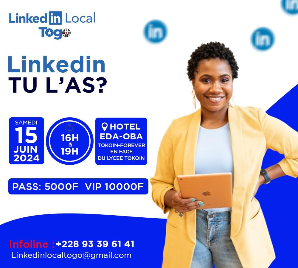 LinkedlnTg's tweet photo. Avis à tous les professionnels du Togo !

LinkedIn Local Togo vous convie à son lancement officiel le samedi 15 juin 2024 à l'Hôtel EDA-OBA à Tokoin Forever, en face du Lycée Tokoin sous le thème : LINKEDIN, TU L’AS ???

#LinkedInLocalTogo #TheGroup
#Réseautage #Développementl #T https://t.co/l5r8FQqkEg