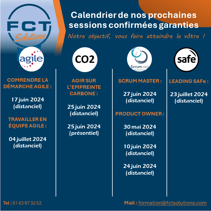 FctSolutionsFR's tweet photo. Nous vous l’avions promis, voici le calendrier 🗓️ des prochaines sessions confirmées et garanties maintenues chez FCT Solutions :   #FCTSolutions #Formation #Calendrier #Certification #ITIL #Agile https://t.co/TIvjsFzBFE