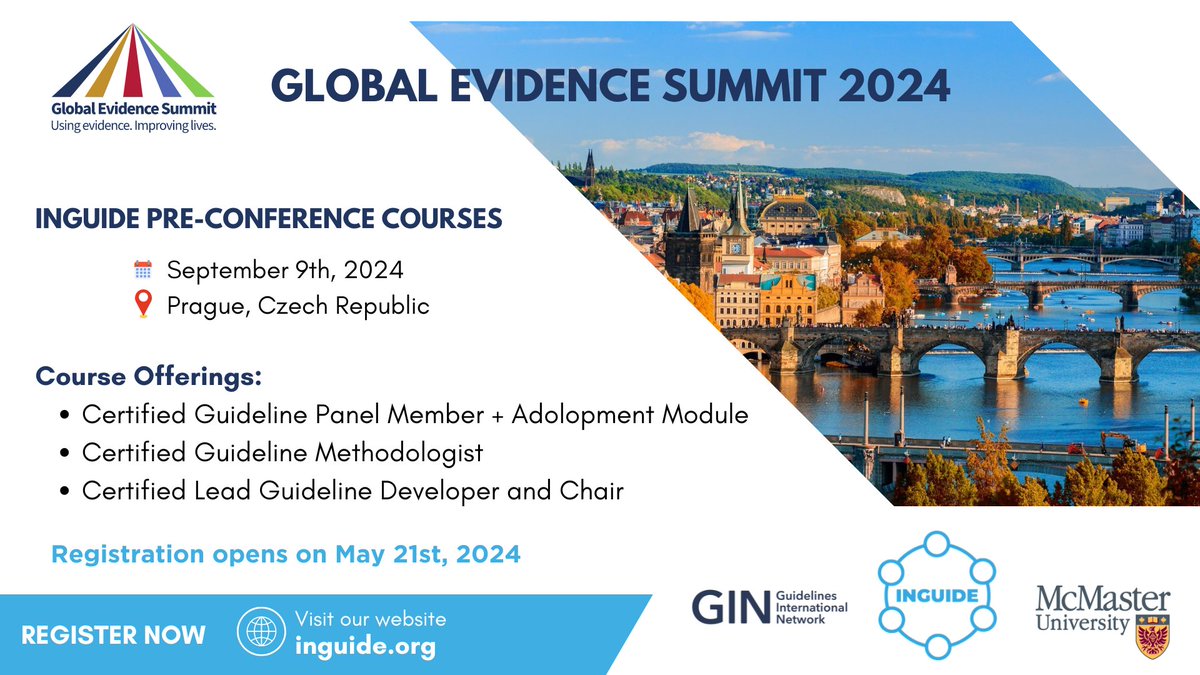 We are thrilled to announce that INGUIDE will be offering in-person courses at the Global Evidence Summit 2024 @GESummit in Prague, Czech Republic! Register Now: extended.mcmaster.ca/product?catalo… Don't miss out on this incredible chance to learn and connect with global experts!