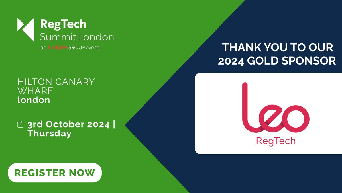 We're pleased to welcome @leoregtech to RegTech Summit London, on 3rd Oct 2024! Their sponsorship is critical for us to bring together the regtech community for a day packed with expert speakers, crucial discussions and networking. a-teaminsight.com/events/regtech… #RTSLDN