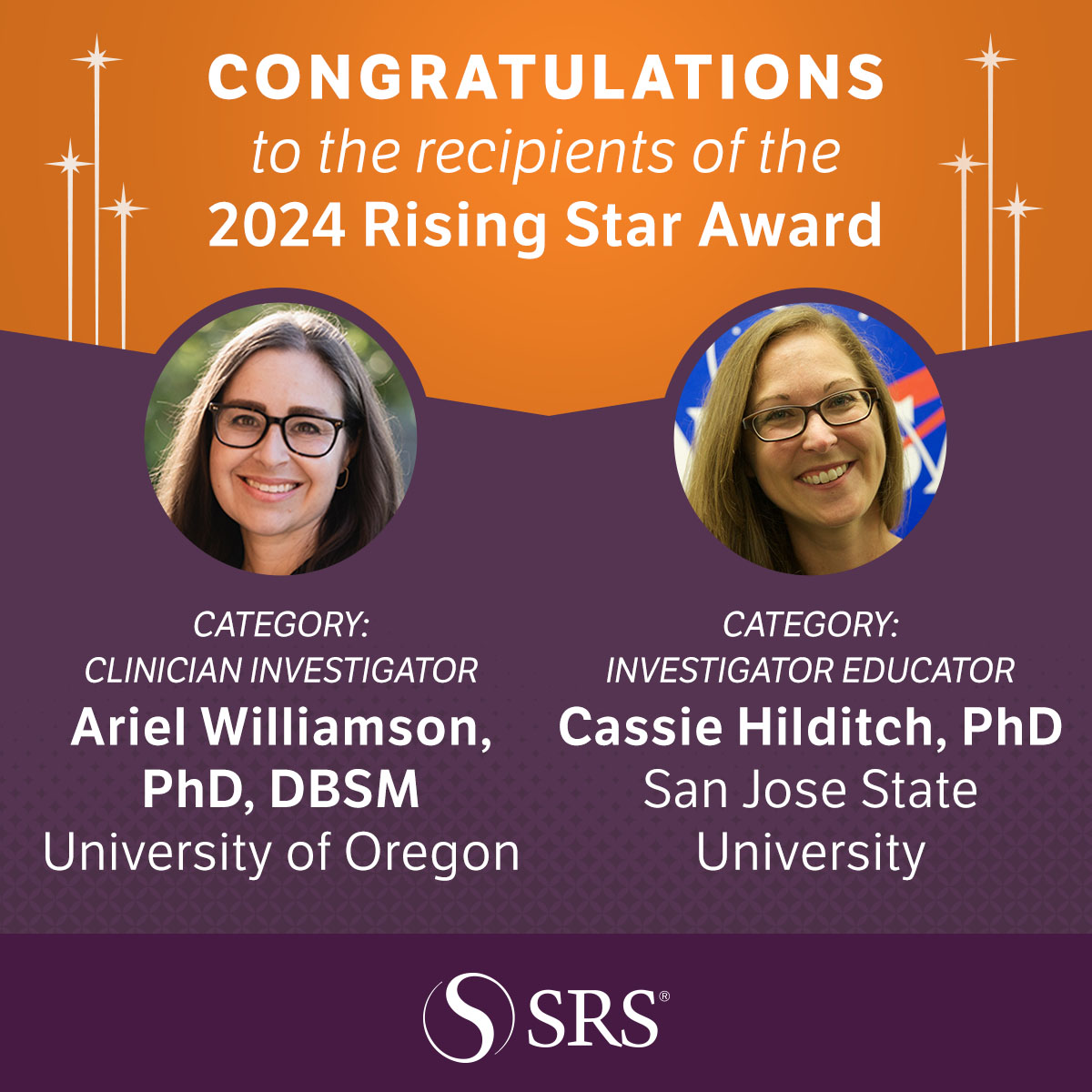 🌟 Join us in congratulating the recipients of the 2024 Rising Star Award! 🌟 Ariel Williamson, PhD, DBSM, from the University of Oregon. Cassie Hilditch, PhD, from San Jose State University. They will be honored during Club Hypnos at #SLEEP 2024 in Houston, TX.