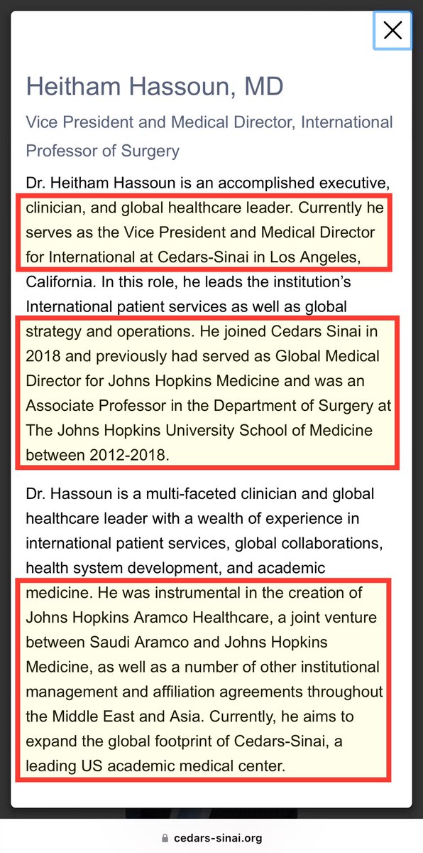 CEDARS-SINAI MEDICAL CENTER🤔

(They’re #1 by a wide margin.) 

💥💥💥💥💥💥💥💥💥
HEITHAM HASSOUN, MD
💥💥💥💥💥💥💥💥💥

✅VICE PRESIDENT
✅INTERNATIONAL MEDICAL DIRECTOR

*He joined CEDARS-SINAI in 2018, after serving as GLOBAL MEDICAL DIRECTOR for:

✅JOHNS HOPKINS MEDICINE🤬