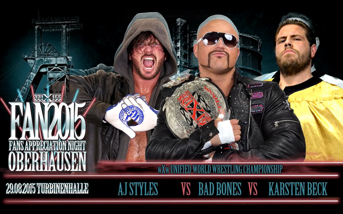 wXw Fans Appreciation Night 2015: Karsten Beck vs. AJ Styles vs. Bad Bones Bei der wXw Fans Appreciation Night 2015 trat 'Bad Bones' John Klinger gegen Karsten Beck und @AJStylesOrg um die wXw Unified World Wrestling Championship an. Das komplette Match seht ihr jetzt in voller