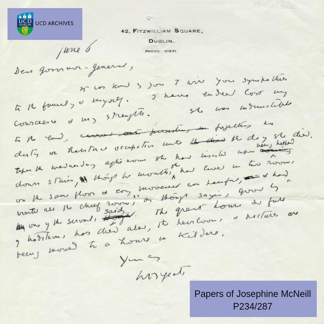 Lady Gregory d. #OTD 1932. W.B. Yeats writes to James McNeill re her death: ‘I have indeed lost my conscience and my strength. She was indomitable to the end, forgetting no duty or habitual occupation unto the day she died. … The great house, so full of tradition, has died...'