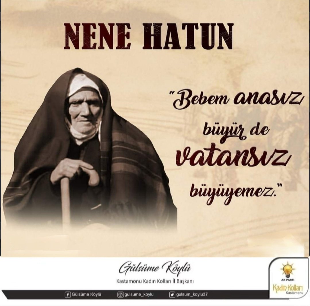 “Önce Vatan” diyen kahraman Türk kadını, Nene Hatun’u, vefatının yıl dönümünde rahmetle anıyorum. 🇹🇷

Kuruluştan kurtuluşa, dün olduğu gibi bugün de “Büyük Türkiye” için kadın erkek omuz omuza çalışmaya devam edeceğiz.

#NeneHatun