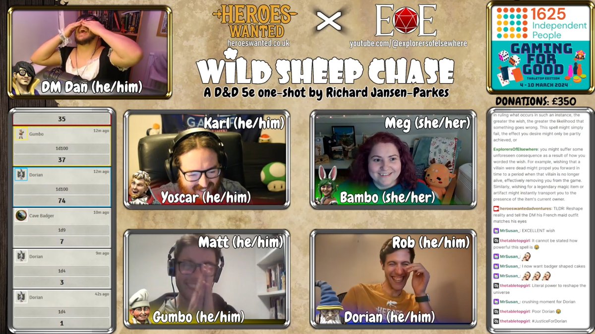 EoElsewhere's tweet image. We're back with Pt2 of WILD SHEEP CHASE, our #dnd5e one-shot for the Gaming For Good 2024 #charity livestream for @1625ip!

Head to the EoE YT channel (link in bio!) to see what the party used the Wish spell for!

Like &amp;amp; sub for more!

#ttrpg #ttrpgcommunity #ttrpgrising