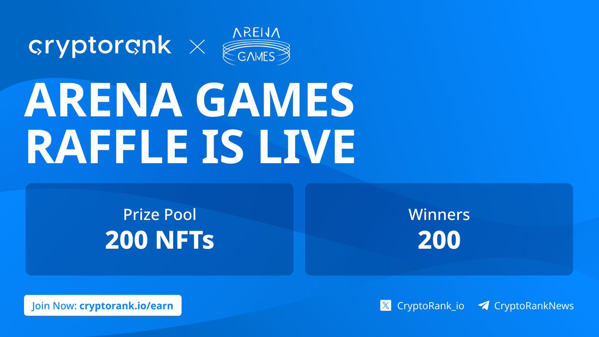 🚀 Arena Games Raffle on CryptoRank Is Live! Win one of 200 Exclusive Platform NFTs in the @Arenaweb3 raffle on CryptoRank! 🚀 ❗️The raffle is LIVE now and ends on Jun 4. Hurry up and read the rules! Participate on the RAFFLE page! 👉 cryptorank.io/earn/quests/ar…