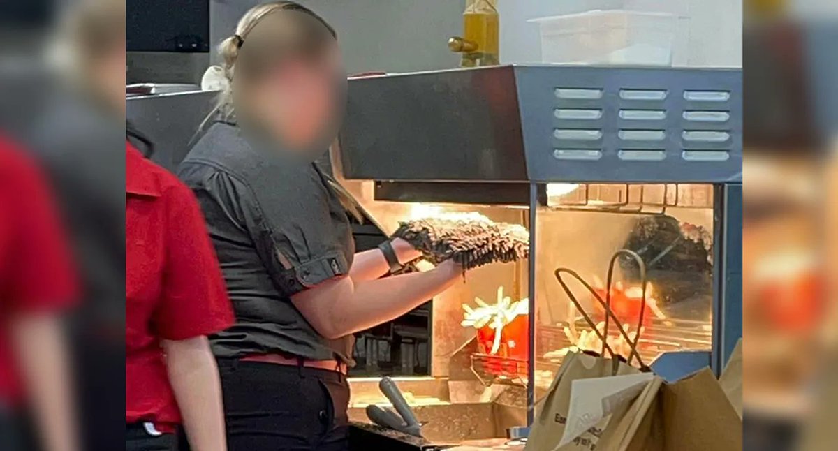 The KILO Morning Show's FREAK NEWS McDonald's Australia says they're 're-training' employees, after a photo went viral, showing a MANAGER using the heat lamp to keep fries warm . . . to dry a mop head.