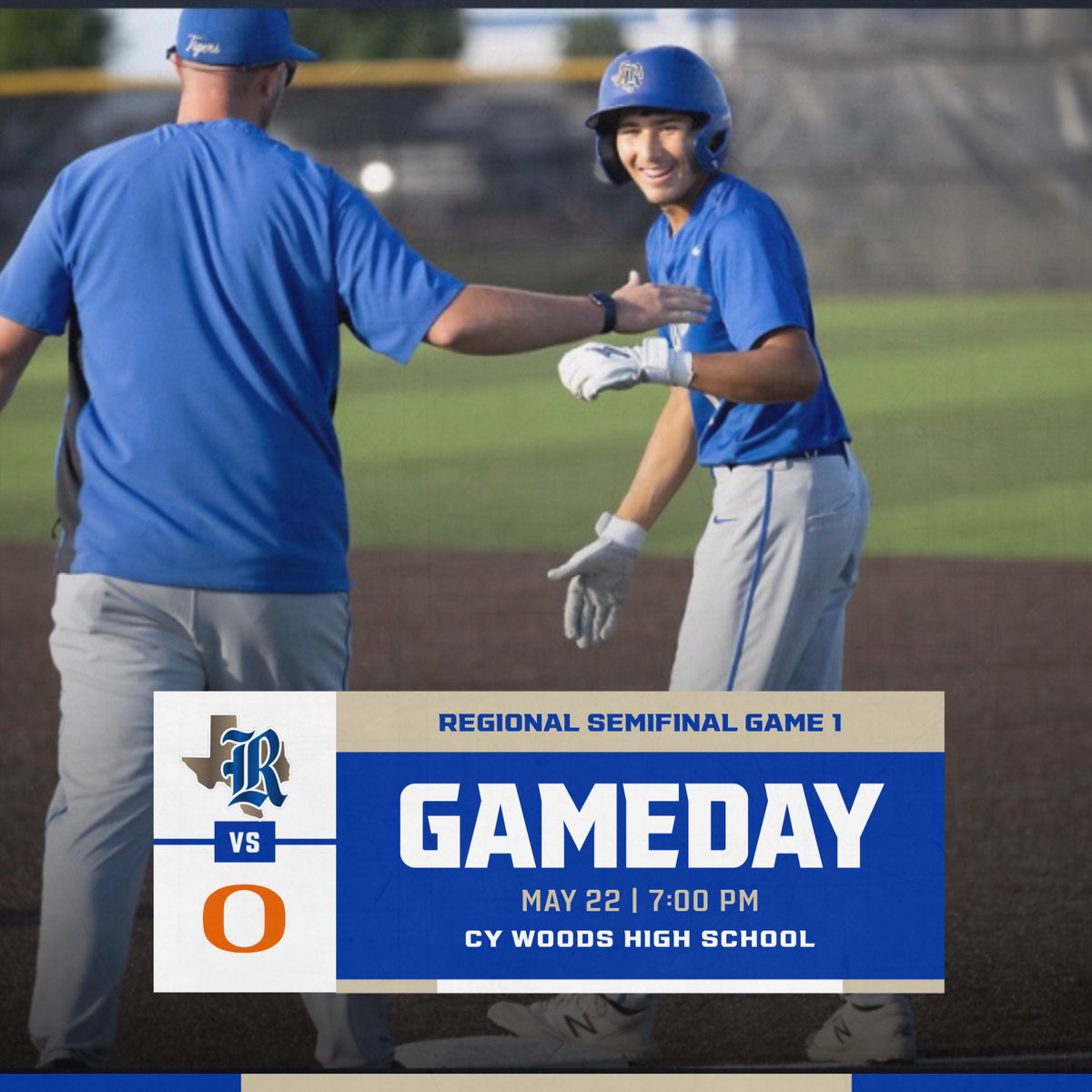 The Rockdale Tigers will take on Orangefield in game 1 of the regional semifinals at Cypress Woods HS tonight! First pitch is set for 7:00 PM! #TFND