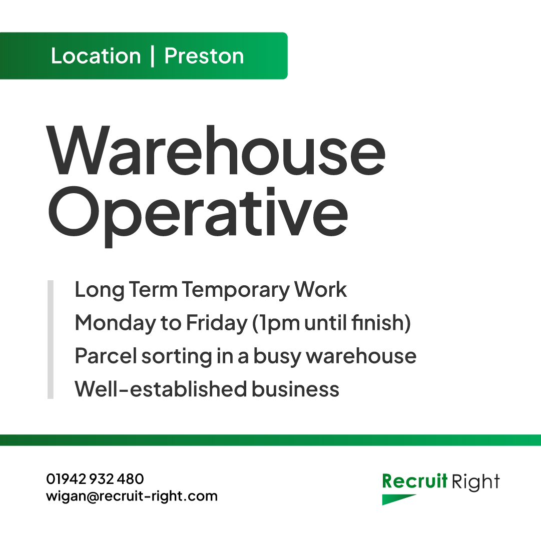 Warehouse Operative 
📍 Preston 

Long term temporary work 
Monday to Friday (1pm until finish)

If interested, contact us today on 01942 932 480 or email wigan@recruit-right.com

#recruitright #recruitment #warehouseoperative #preston #hiring