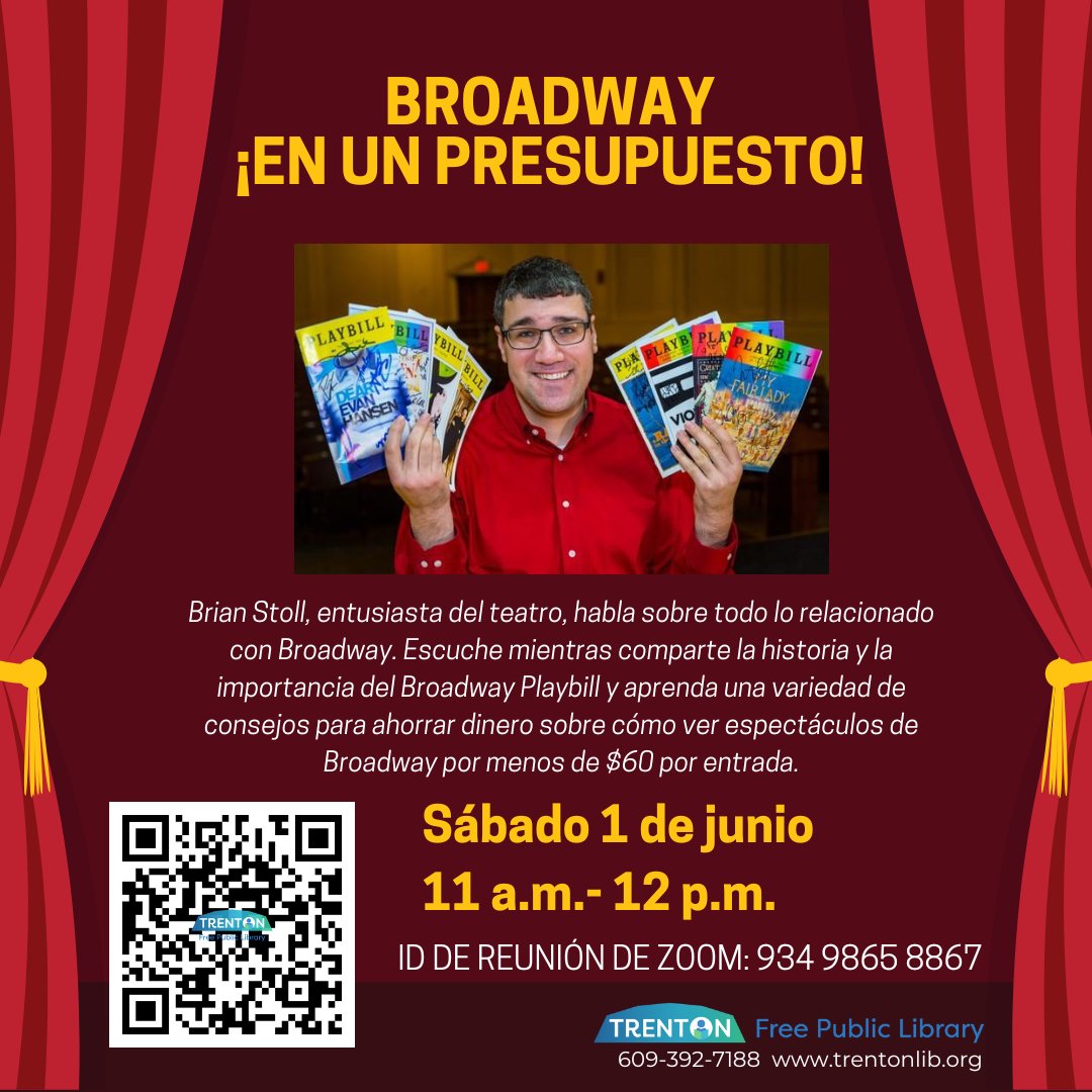 Brian Stoll, a Theater enthusiast, will share the history of importance of the Broadway Playbill. He will also teach a variety of money-saving tips on how to see Broadway shows under $60 a ticket. Zoom Meeting ID: 934 9865 8867 #trenton #trentonnj #trentonlibrary