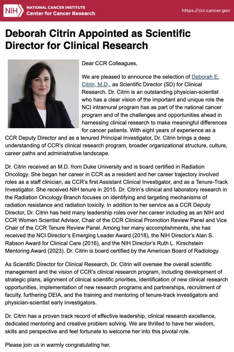 #CCRNews Congratulations to Dr. Deborah E. Citrin for being appointed as our Scientific Director for Clinical Research! 👏 We look forward to benefitting from her wisdom, skills and perspective.