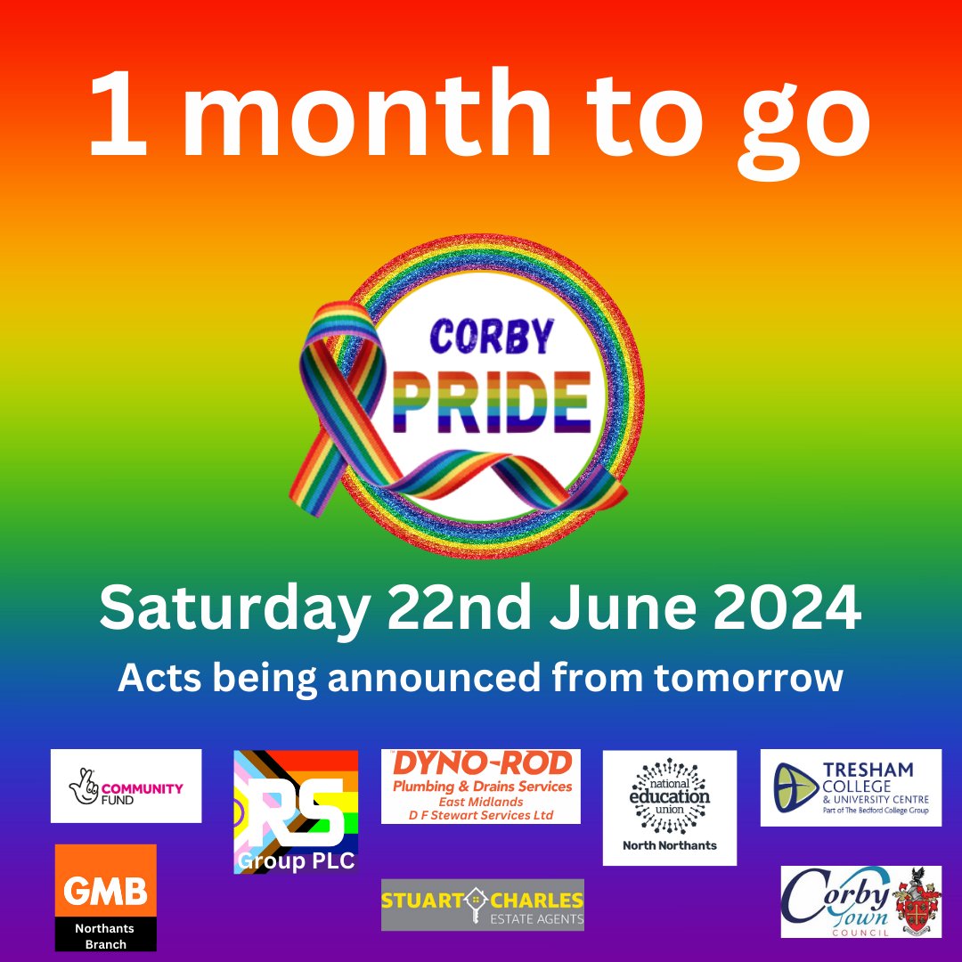There is only 1 month to go today before Corby Pride 2024 and we are busy behind the scenes organising some great entertainment for you this years thanks to The National Lottery Community Fund and our fantastic sponsors🎊📷