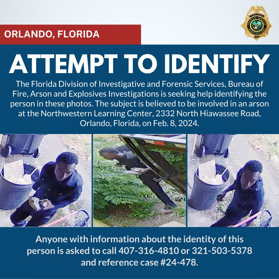 Help is needed identifying the person in these surveillance photos. He may have been involved in an arson on Feb. 8, 2024. The @FLDFS Bureau of Fire, Arson and Explosives Investigations is asking anyone with info to call 407-316-4810 or 321-503-5378. Case #24-478. @ATF_Tampa