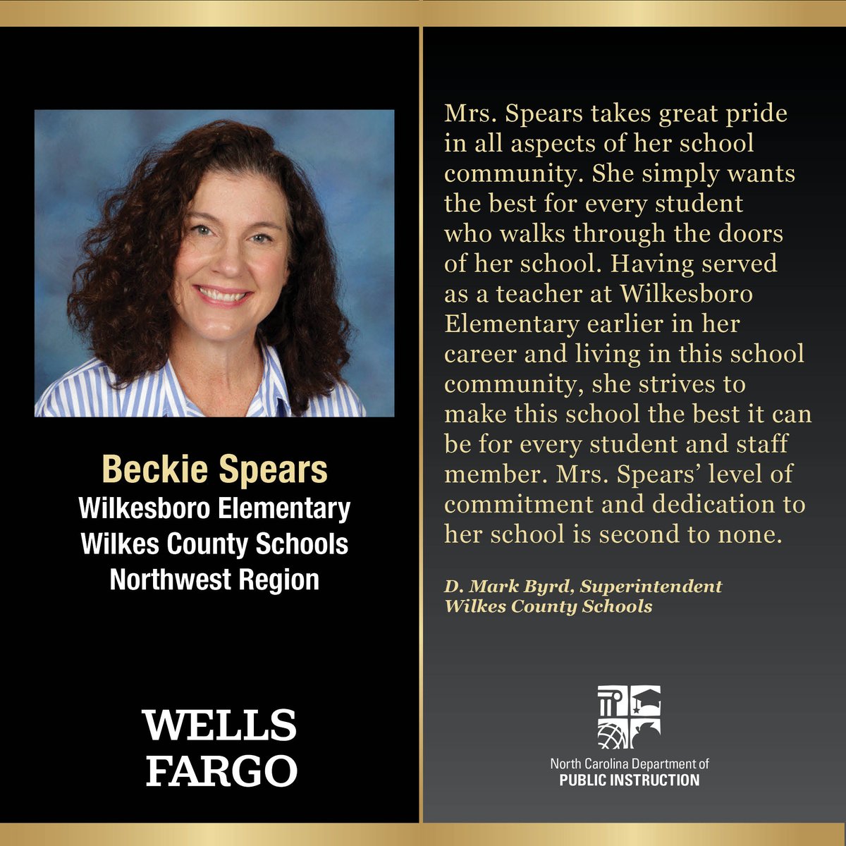 Who will be the next @WellsFargo 2024 NCPOY? Meet our Northwest Region POY Beckie Spears. Join us May 24 at 12 pm for pre-show & NCPOY ceremony livestreams at youtube.com/ncpublicschools & facebook.com/ncpublicschools with support from @EquitableFin & @MyPBSNC.
