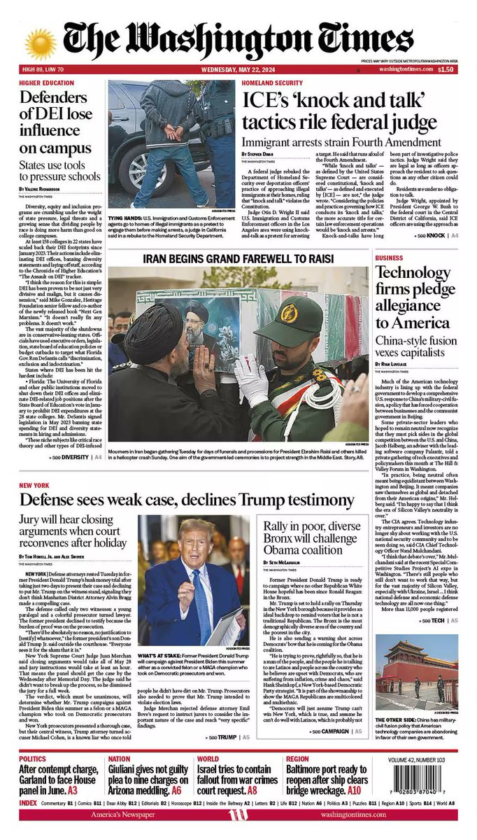 On Wednesday's #TWTFrontPage: Former President Trump declined to testify as the defense rested in his hush money trial, Much of the U.S. technology industry is lining up with the federal government to develop a comprehensive response to China, and more. washingtontimes.com/frontpage