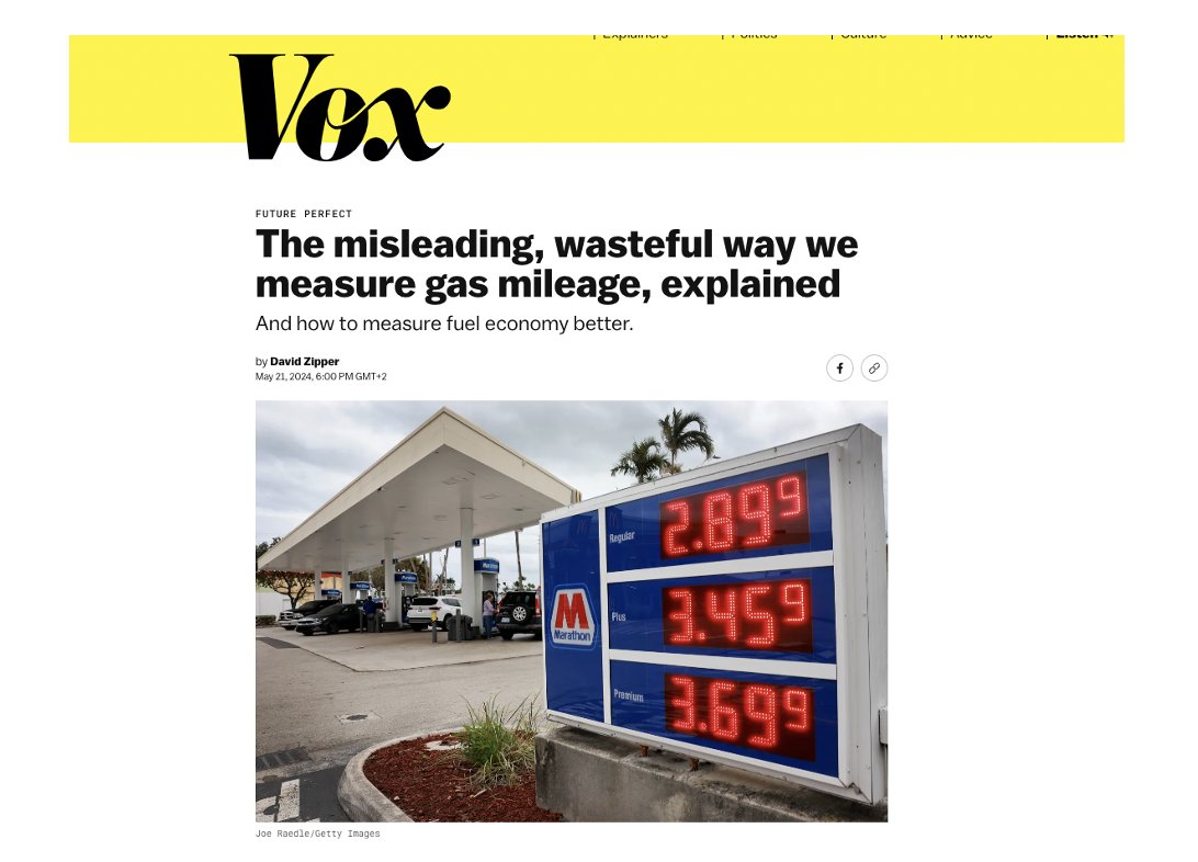 Question: Which saves more gas? A) Improving a car’s fuel economy from 25 to 50 MPG B) Improving from 10 to 15 MPG If you said A, you’re mistaken. You've fallen for the MPG Illusion, which has long distorted US car & climate policy. Me in @voxdotcom 🧵 vox.com/future-perfect…