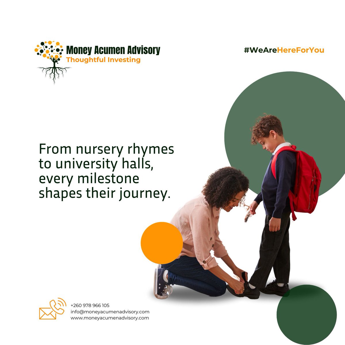 From nursery rhymes to university halls, every milestone shapes their journey. Start planning their education today with our expert guidance. 
We're here for you every step of the way.

#WeAreHereForYou #InvestmentAdvisors #WealthManagers #MoneyAcumenAdvsiory #ThoughtfulInvesting