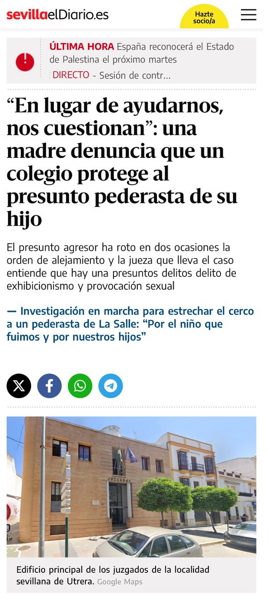 Otro caso de presunta pederastia en un centro concertado de Utrera, Sevilla. La jueza que lleva el caso entiende que hay una presunta comisión de delito de exhibicionismo y provocación sexual. El profesor enviaba mensajes al menor en los que presuntamente le hablaba de ver porno