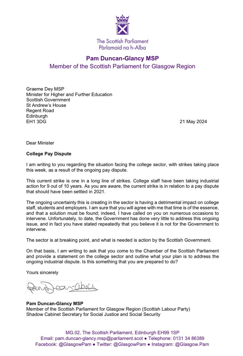 Scotland’s Further Education sector is in crisis yet despite my repeated calls on him to act, the Minister responsible has been missing-in-action.

I have therefore written to him demanding he update Parliament on how he plans to end the current dispute.

Ongoing uncertainty…1/2