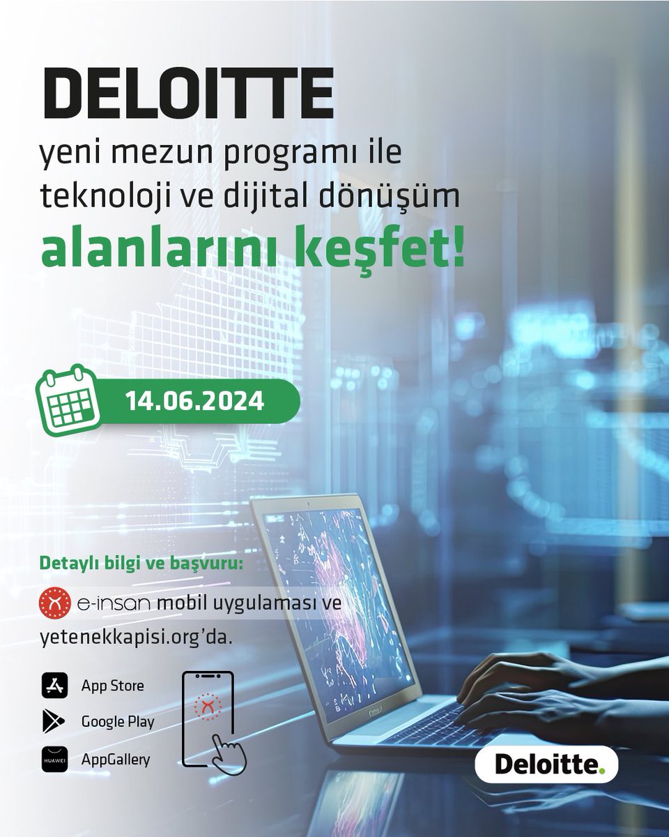 Yetenek Kapısı (@yetenekapisi) on Twitter photo Deloitte Yeni Mezun Programı için son günler!
Bilgisayar, Endüstri, Elektrik ve Elektronik gibi birçok bölümün yer alacağı teknoloji ve dijital dönüşüm alanlarını keşfedebilirsin.
<a href="/tccbiko/">T.C. Cumhurbaşkanlığı İnsan Kaynakları Ofisi</a> <a href="/DeloitteTurkiye/">Deloitte Türkiye</a>
🗓 Son Başvuru Tarihi: 14 Haziran 2024
🔗 onelink.to/e-insan-yetene… Deloitte Yeni Mezun Programı için son günler!
Bilgisayar, Endüstri, Elektrik ve Elektronik gibi birçok bölümün yer alacağı teknoloji ve dijital dönüşüm alanlarını keşfedebilirsin.
<a href="/tccbiko/">T.C. Cumhurbaşkanlığı İnsan Kaynakları Ofisi</a> <a href="/DeloitteTurkiye/">Deloitte Türkiye</a>
🗓 Son Başvuru Tarihi: 14 Haziran 2024
🔗 onelink.to/e-insan-yetene…