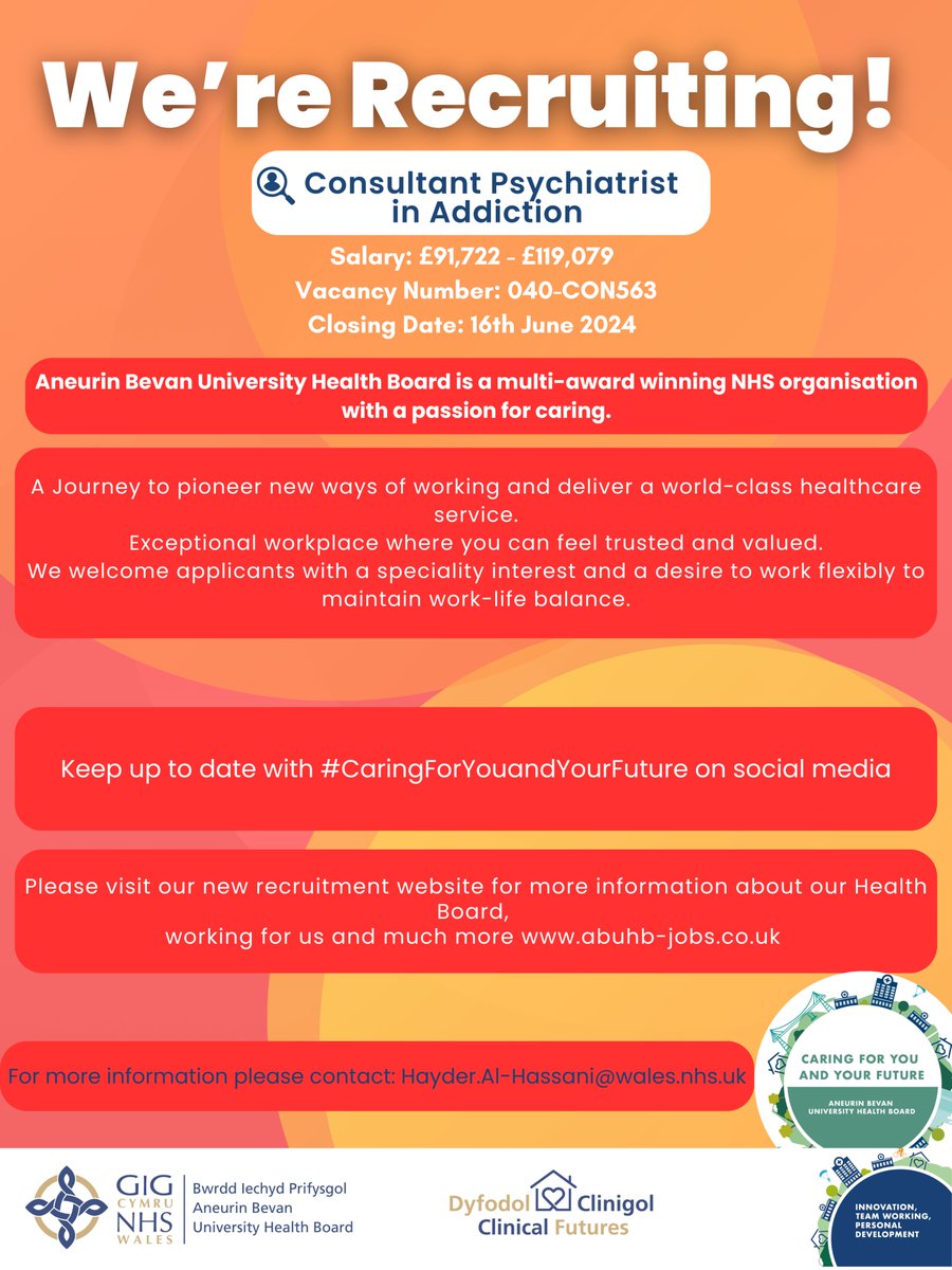 We are Recruiting! Consultant Psychiatrist in Addiction Are you interested? Apply today: healthjobsuk.com/job/UK/Newport… Closing date: 16th June 2024 Job Ref: 040-CON563 #ABUHB #Consultant #Psychaitrist #Addiction #NHSWales #NHSJobs #hiring