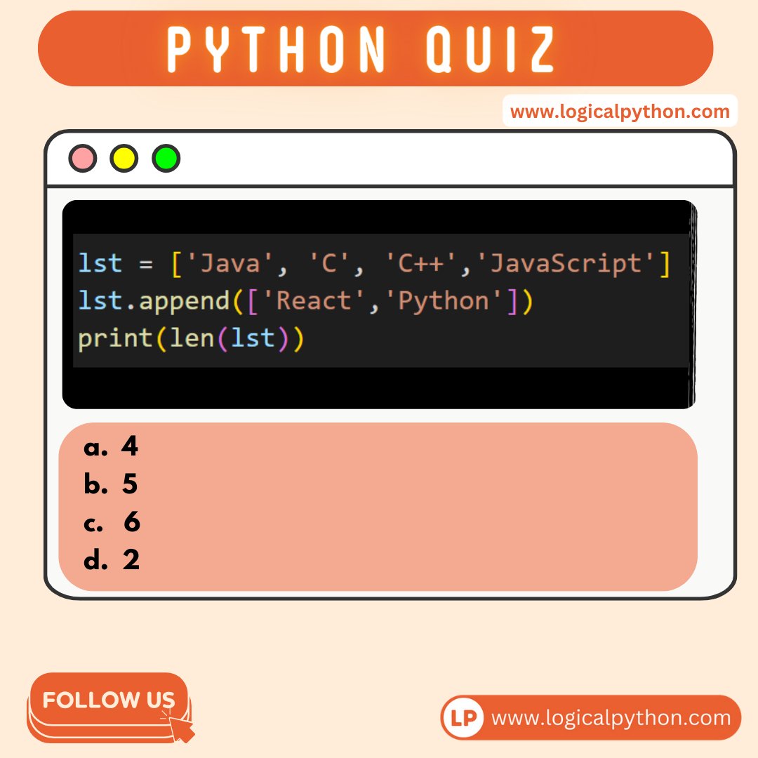 Can you answer following Quiz🙋‍♀️🙋💻

#python #programming #developer #morioh #programmer #softwaredeveloper #computerscience #webdev #webdeveloper #webdevelopment #pythonprogramming #pythonquiz #ai #ml #machinelearning #datascience #programmers #coder #coding