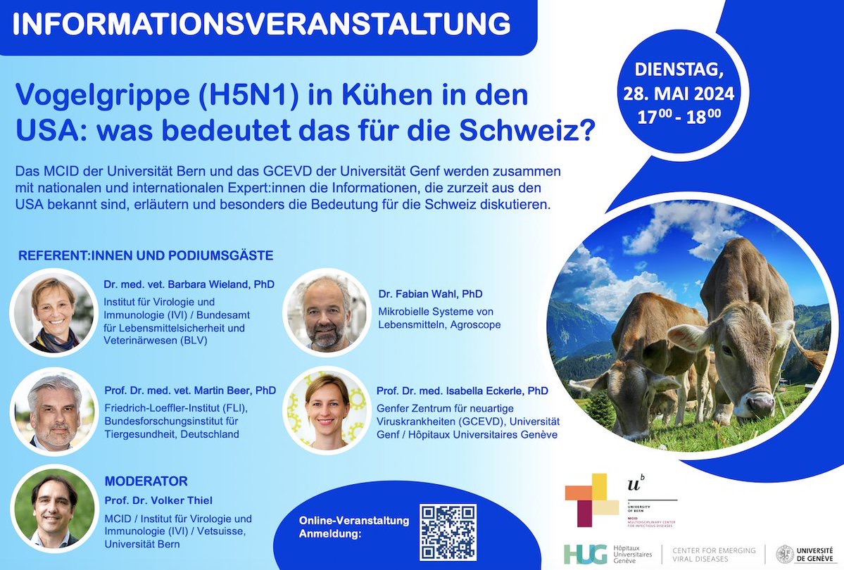 Wer sich zum Thema #Vogelgrippe #H5N1 informieren möchte, insbesondere in Hinblick auf die Geschehnisse in Rindern in den USA, dem empfehle ich dieses Webinar, von unserem Zentrum @gcevd zusammen mit dem @MCIDBern veranstaltet!