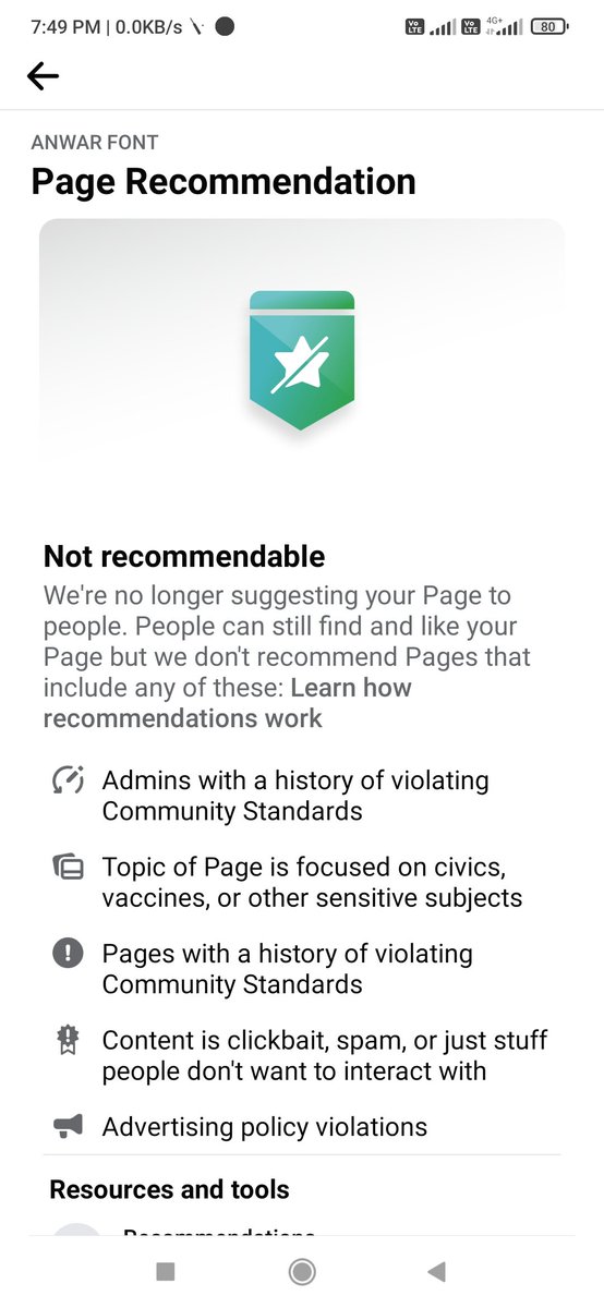 Anwarfont's tweet photo. @facebook 
Why Facebook page shows not recommendable whereas no Facebook community guidelines violation.... whenever I create a new page couple of days it still shows Not Recommendable....Now I have been frustrated.. many times I have reported this problem but...nothing done https://t.co/xD2A85CY0Q