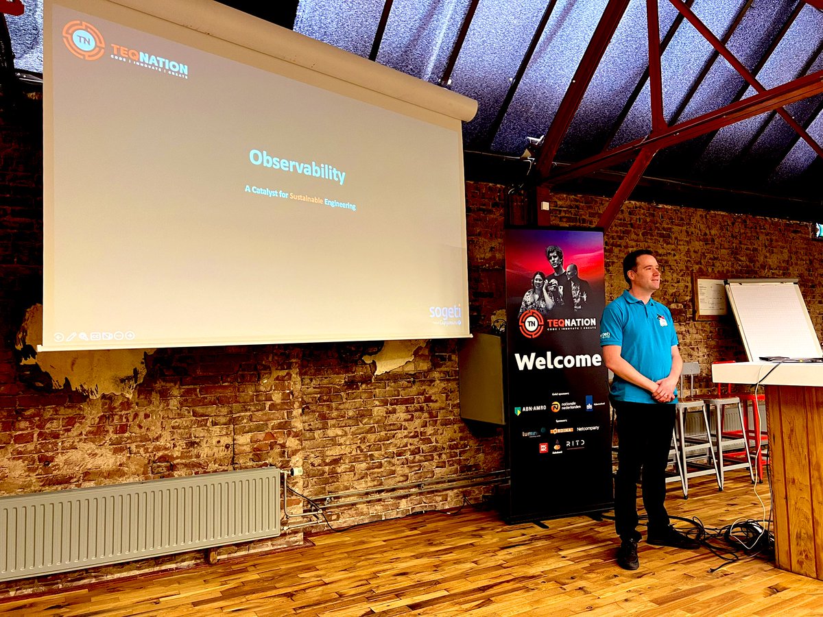 marcofolio's tweet photo. .@mvdwalle taking the stage at #TEQnation2024 to share his observations (pun intended) on how #Observability can be utilized for better #Sustainable Engineering. https://t.co/XjC8lSCB45