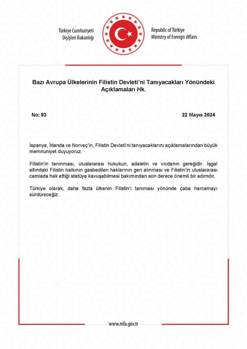 Dışişleri Bakanlığı: İspanya, İrlanda ve Norveç’in, Filistin Devleti’ni tanıyacaklarını açıklamalarından büyük memnuniyet duyuyoruz