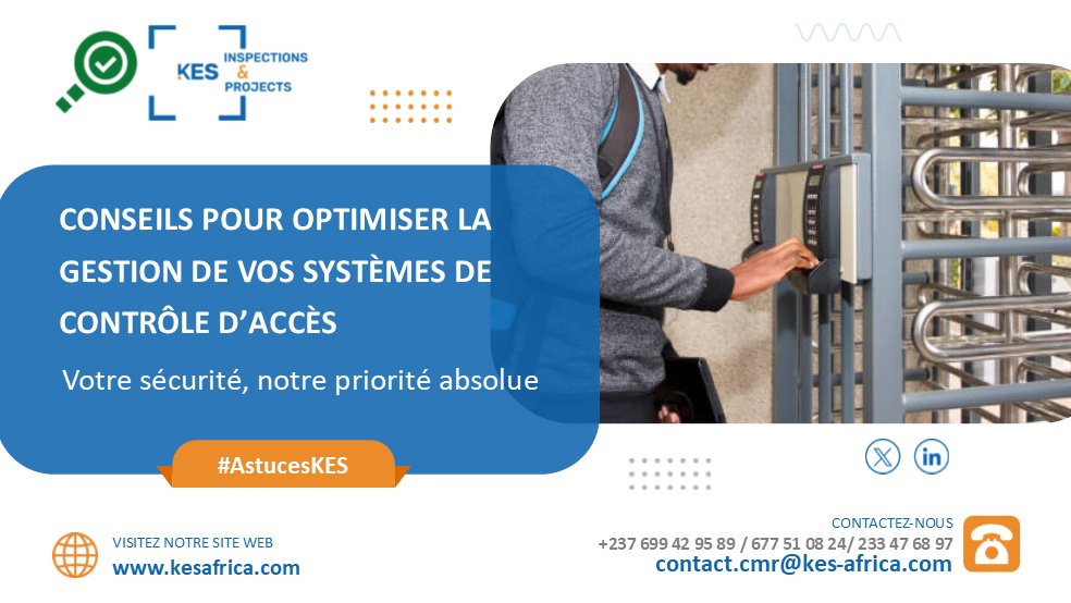 KES_AFRICA's tweet photo. 🔐[#AstucesKES] pour optimiser vos systèmes de contrôle d'accès :

1️⃣ Audits surprise réguliers 📅  
2️⃣ Revue trimestrielle des accès 🗝️  
3️⃣ Formations régulières 🎓  
4️⃣ Maintenance préventive trimestrielle 🔄  
5️⃣ Surveillance active 📊 
 
  #KESAFRICA https://t.co/V3l1m6ZUeA