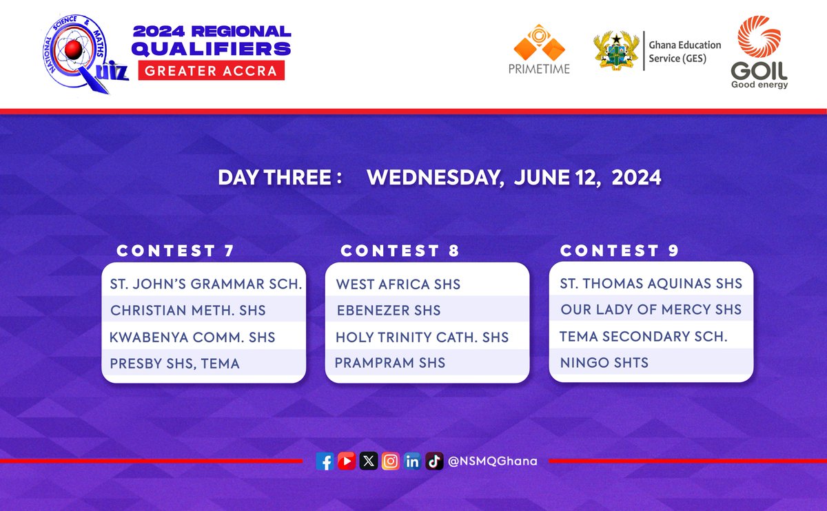 CONFIRMED: Three days, nine contests. The Greater Accra #NSMQRegionals will take place from June 10-12, 2024. Check out the fixtures. Any early predictions? Let us know in the comments. #NSMQ2024 #Primetime