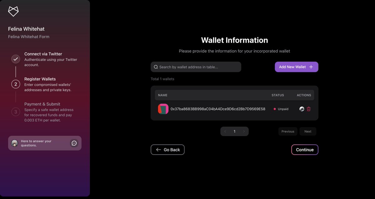 felinaprotocol's tweet photo. 2. Register Wallets: Enter the address and private key of your compromised wallet. Ensure you only submit eligible wallets. Each wallet entry incurs a fee of 0.003 ETH, payable on the Arbitrum network. https://t.co/yCq94Jqgsi