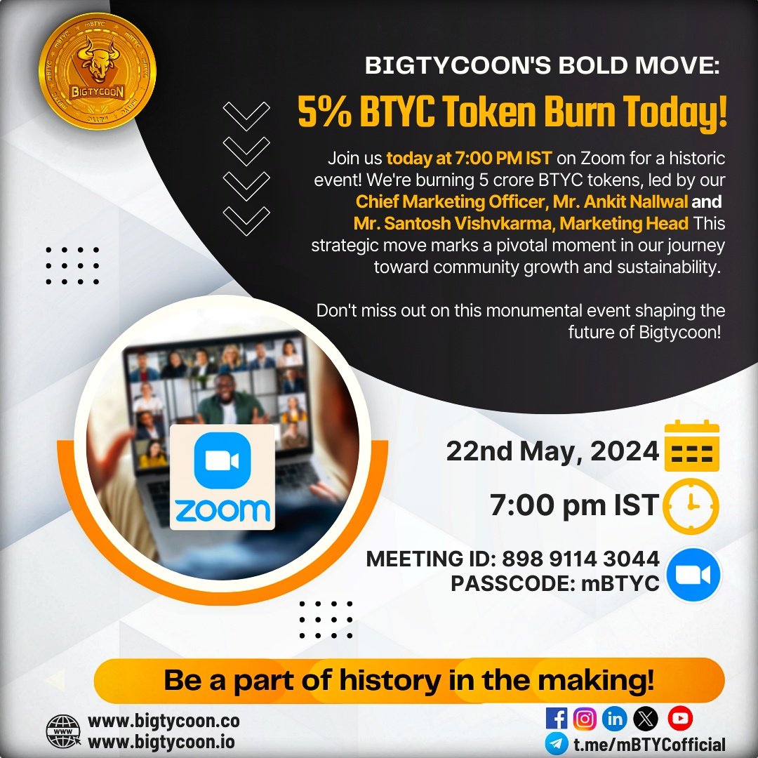 mBTYC_Official's tweet photo. Join our Zoom meeting today at 7pm IST to witness the live token burn event! Don’t miss out on this exciting moment. #TokenBurn #CryptoEvent #JoinUs #GalaxyZFlip5 #HalaMadrid #GodMorningWednesday #Euro2024 #ConsumerDialogueForum #Kivint21MY #AjatollahDuda #crypto #bitcoin https://t.co/CdJ6zwRd96