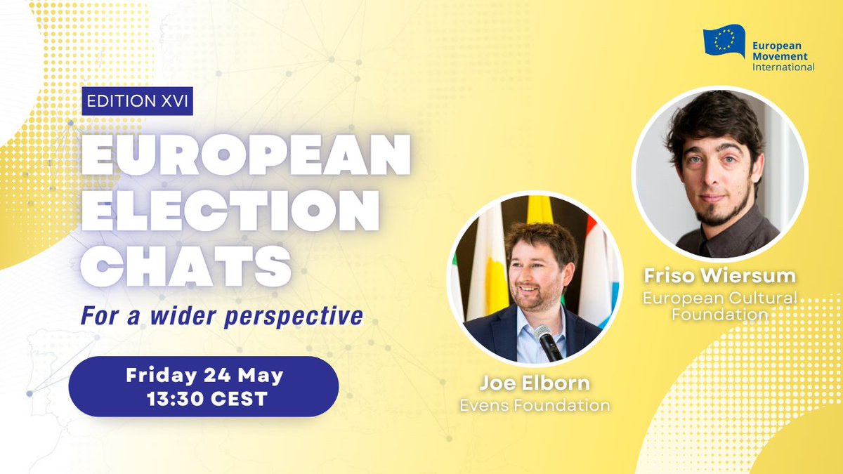 #EuropeanChats is back! 🙌   

Join <a href="/JoeElborn/">Joseph Elborn</a> and 𝗙𝗿𝗶𝘀𝗼 𝗪𝗶𝗲𝗿𝘀𝘂𝗺 for a live discussion on the current 🇪🇺 challenges and on the most pressing issues regarding the #EuropeanElections.    

🗓️Friday, 24 May at 13:30 CET
💻Live on our social media channels
