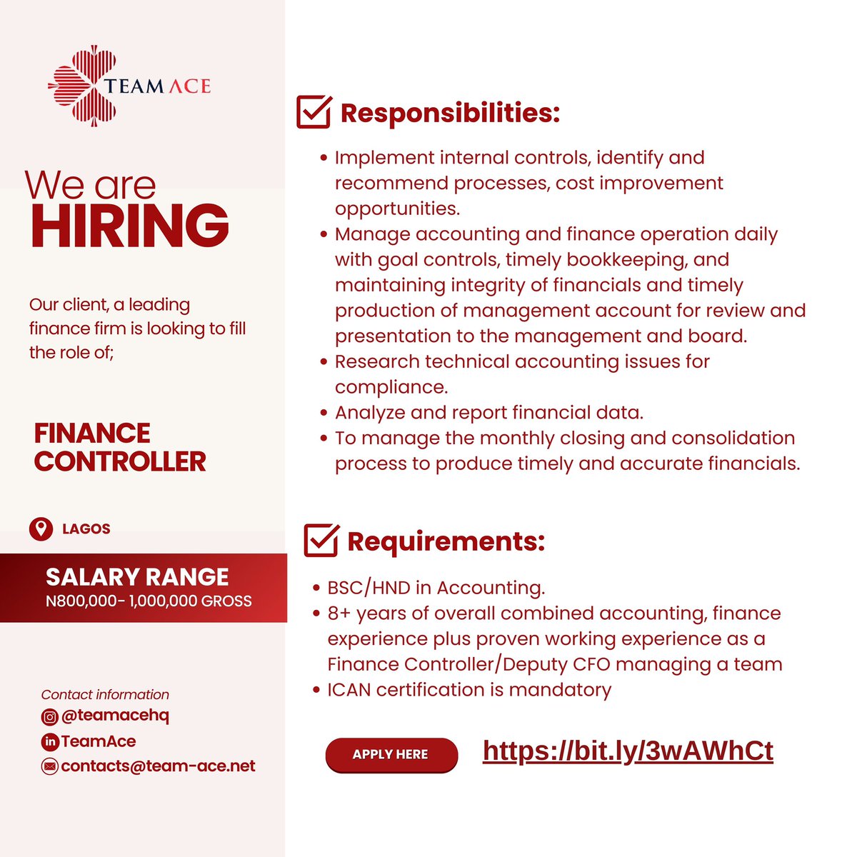 Job Opening! See flier for details Interested and qualified? Apply here👇🏽 bit.ly/3wAWhCt #financecontroller #hiring #hiringnow #jobopening #recruiting #teamace #Tapswap