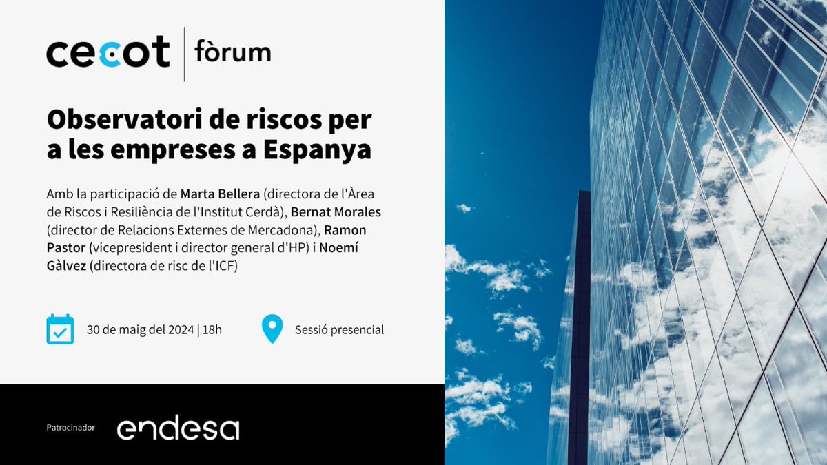 3a edició de l'#Observatori de #riscos per a les #empreses a Espanya, promogut per <a href="/InstitutCerda/">Institut Cerdà</a>. 
En aquesta sessió complimentarem mapes i estratègies de gestió de riscos i oferirem espai per a la reflexió i debat entre empreses.

📅 30/05
⌚ 18:00h
▶️ curt.cat/r.php?c=K35T5h7