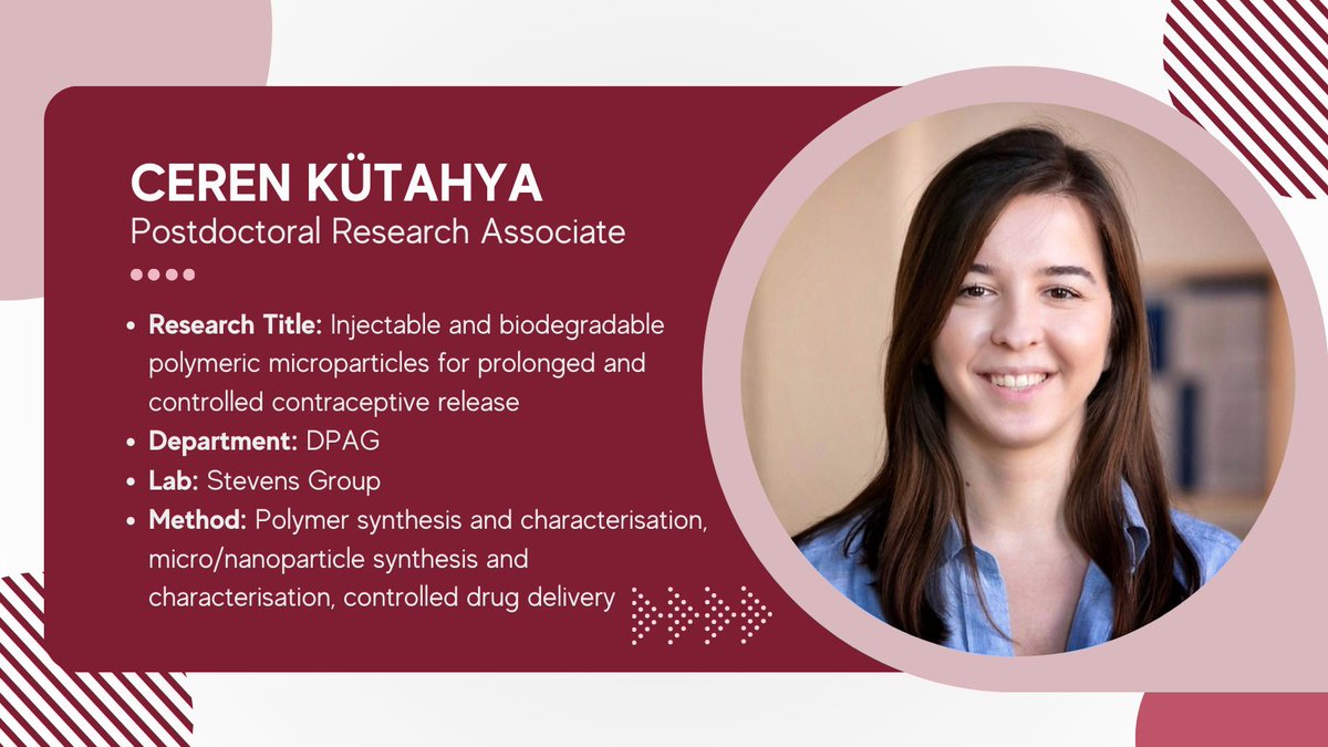 #MeetTheResearcher

Let's meet Ceren Kütahya, one of the newest members of #KavliOxford from the Stevens Group! Ceren works as a Postdoctoral Research Associate, focusing on injectable and biodegradable polymeric #microparticles for prolonged and controlled contraceptive release.
