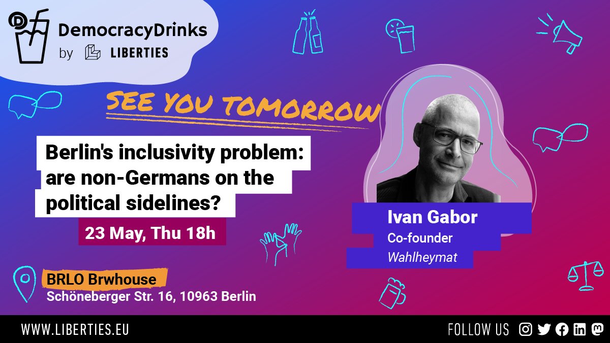 🍻 See you tomorrow for Democracy Drinks Berlin! With Ivan Gabor of Wahlheymat to discuss Berlin's non-inclusivity of non-nationals. 📍 BRLO Brwhouse, Schöneberger Str. 16, 10963 Berlin 📅 When? 18 - 20, Thurs 23rd May RSVP now on Eventbrite ➡️ ddmay2024.eventbrite.com