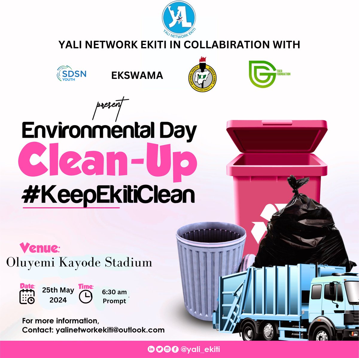 Join YALI Ekiti in the upcoming community cleaning exercise! By Working together, we can make a positive impact in our environment and create a cleaner community for all. Let’s Clean To Impact!💙 Venue :OLUYEMI KAYODE STADIUM Date. : Sat, 25th May 2024 Time. : 6:30AM