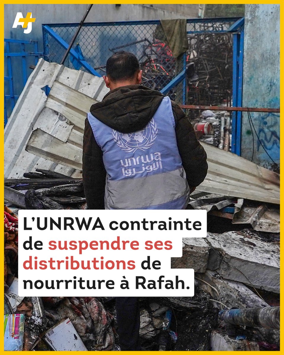 ajplusfrancais's tweet photo. L’agence de l’ONU pour les réfugié·es palestinien·nes explique que “les distributions de nourriture sont actuellement suspendues en raison du manque de fournitures et de l’insécurité“.

L’armée israélienne, qui est entrée à Rafah, a rendu inaccessibles le centre de distribution de l’UNRWA ainsi que l’entrepôt du Programme alimentaire mondial (PAM) de l’ONU.