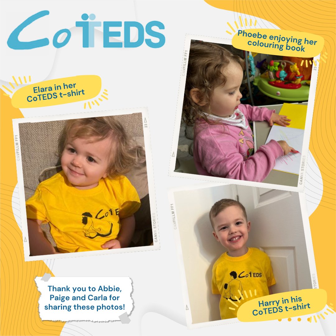 Photos of Elara and Harry smiling in their CoTEDS t-shirts and Phoebe enjoying her colouring book! Thank you to #TEDStwin Abbie, Paige and Carla for sharing these photos with us!🥰