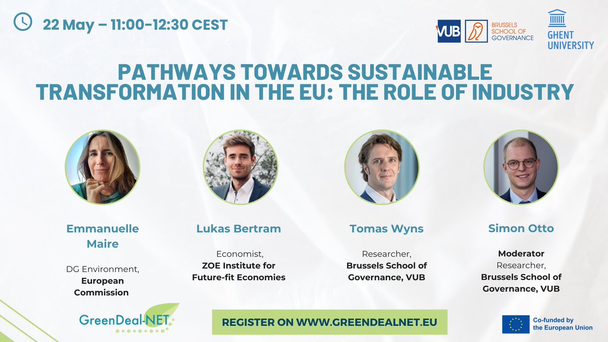 🟢Join the live discussion on the role of industry in sustainable transformation with: - Emmanuelle Maire, Head of Unit for Circular Economy, Sustainable Consumption and Production @EU_ENV - @TomasWyns, @Brussels_School - Lukas Bertram, @zoe_institute 👉us02web.zoom.us/j/81383372722