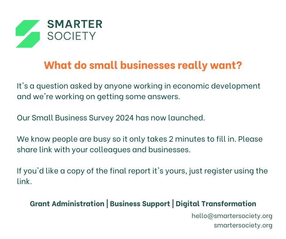 smartersoc's tweet photo. Our small business survey has launched.  Please circulate https://t.co/owT4ZRPJhm  to colleagues and your businesses. #grants #businesssupport #smartersociety #funding https://t.co/oh1Y0GRzCK